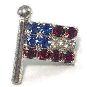 Vintage Silver Tone and Rhinestone Patriotic American Flag Tie Tack Lapel Pin Un